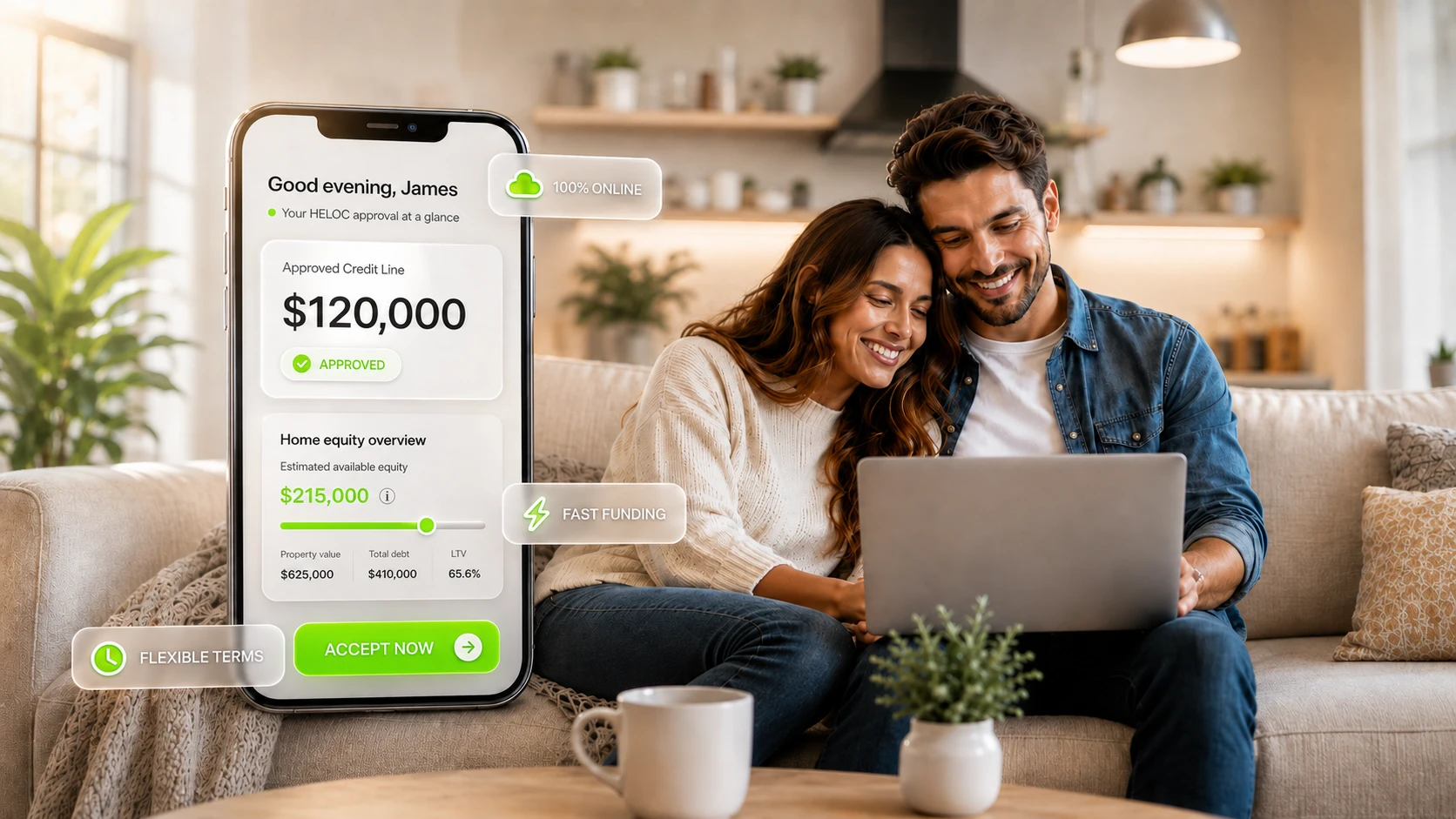 Couple reviewing home equity options with an Equitus HELOC approval preview